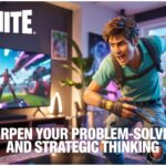 A teenager playing Fortnite on a large screen TV via Xbox Cloud Gaming. Experience accessible and strategic gaming, improving problem-solving skills.