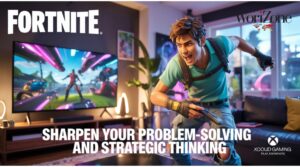 A teenager playing Fortnite on a large screen TV via Xbox Cloud Gaming. Experience accessible and strategic gaming, improving problem-solving skills.