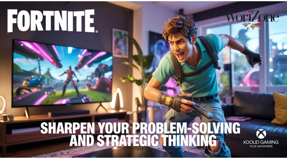 A teenager playing Fortnite on a large screen TV via Xbox Cloud Gaming. Experience accessible and strategic gaming, improving problem-solving skills.