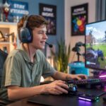 Teenage boy smiling while playing Fortnite on a PC gaming setup with headset and gaming chair.