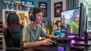 Teenage boy smiling while playing Fortnite on a PC gaming setup with headset and gaming chair.