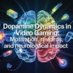 Stylized illustration of a human brain, split into blue/green and orange/red halves, superimposed with the text "Dopamine Dynamics in Video Gaming: Motivation, rewards, and neurological impact". Surrounding elements include glowing neurons, abstract molecular structures, and a