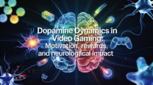 Stylized illustration of a human brain, split into blue/green and orange/red halves, superimposed with the text "Dopamine Dynamics in Video Gaming: Motivation, rewards, and neurological impact". Surrounding elements include glowing neurons, abstract molecular structures, and a