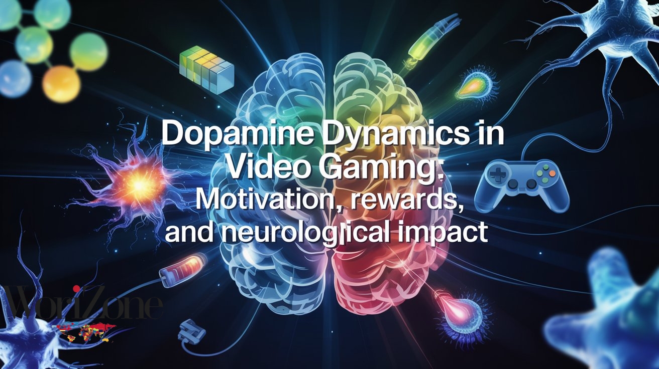 Stylized illustration of a human brain, split into blue/green and orange/red halves, superimposed with the text "Dopamine Dynamics in Video Gaming: Motivation, rewards, and neurological impact". Surrounding elements include glowing neurons, abstract molecular structures, and a